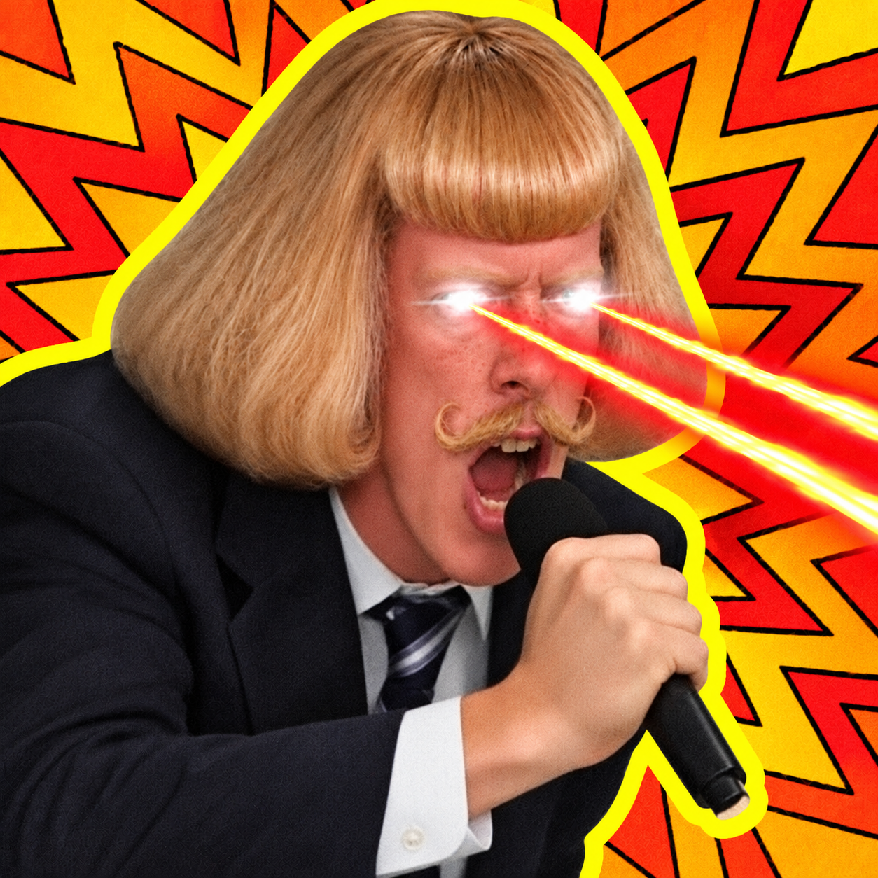 WOULDPHIL with a blond bob, curled moustache, microphone and laser eyes